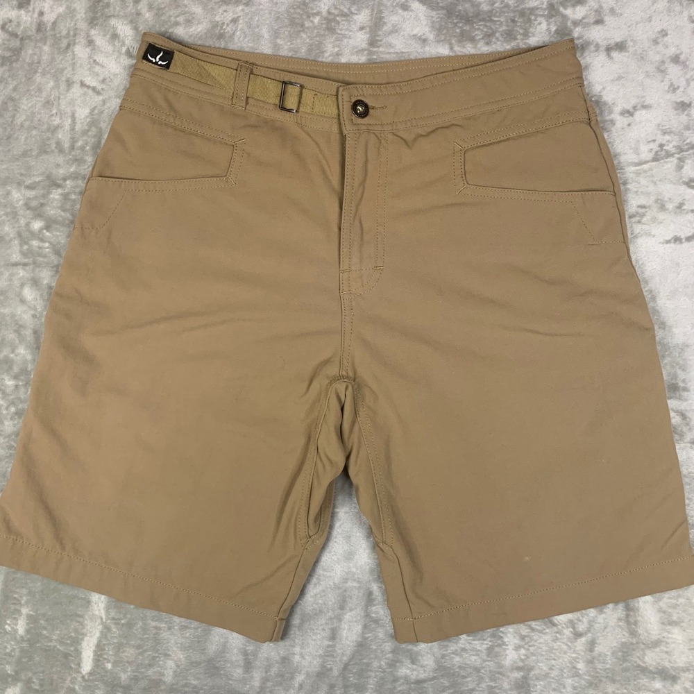 Prana Breathe Hiking Climbing Short Mens M Khaki Tan 9.5" Inseam Belt 31x9.5